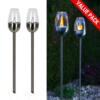 2 Pcs - Solar Powered Stainless Steel LED Candle Stake Light