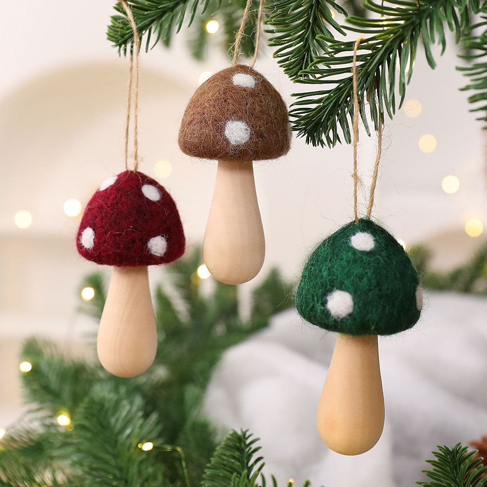 3 Pcs Christmas Felt Mushroom Hanging Ornament Set - Xmas Tree Holiday Hanging Decor