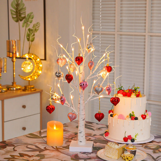 Lighted Birch Tree with Heart-Shaped Ornaments - Home Wedding Valentine Tabletop  Decor