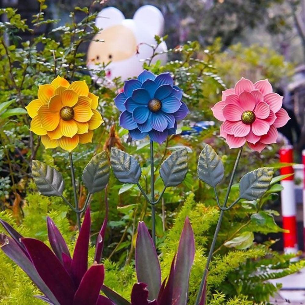 Set of 3 Hand Painted Metal Flower Garden Stakes - Yard Lawn Flower Bed Plant Art Decor