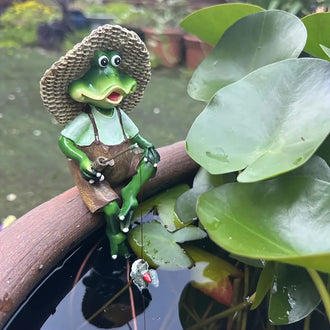 Hand Painted Fishing Frog Garden Figurine