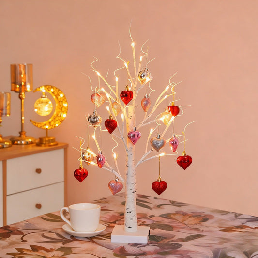 Lighted Birch Tree with Heart-Shaped Ornaments - Home Wedding Valentine Tabletop  Decor