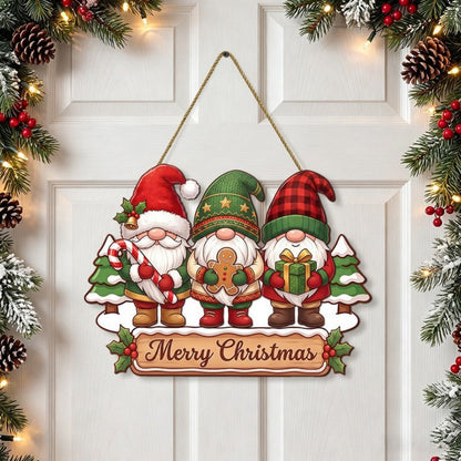 Wooden Christmas Gnome Door Hanging Sign - Front Door Home Wall Holiday Party Festive Decor