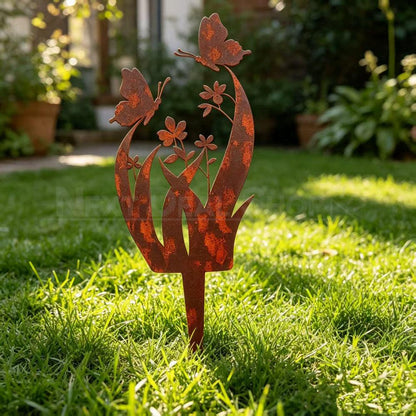 Rustic Metal Butterfly & Flower Garden Stake - Lawn Yard Potted Plant Pot Art Decoration