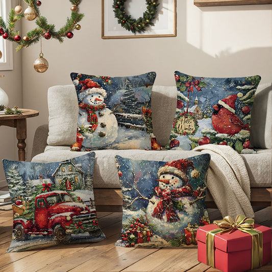 4 Pcs Festive Christmas Pillow Cover Set - Living Room Sofa Couch Holiday Home Decor