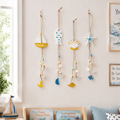 Set of 4 Hand Painted Coastal Nautical Wooden Hanging Wall Decor - Home Window Bedroom Indoor Hanging Decoration