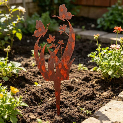Rustic Metal Butterfly & Flower Garden Stake - Lawn Yard Potted Plant Pot Art Decoration