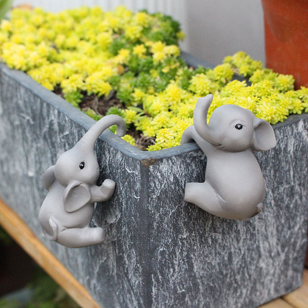 Set of 2 Adorable Elephant Plant Pot Huggers - Garden Patio Potted Plant Edge Figurine Decor