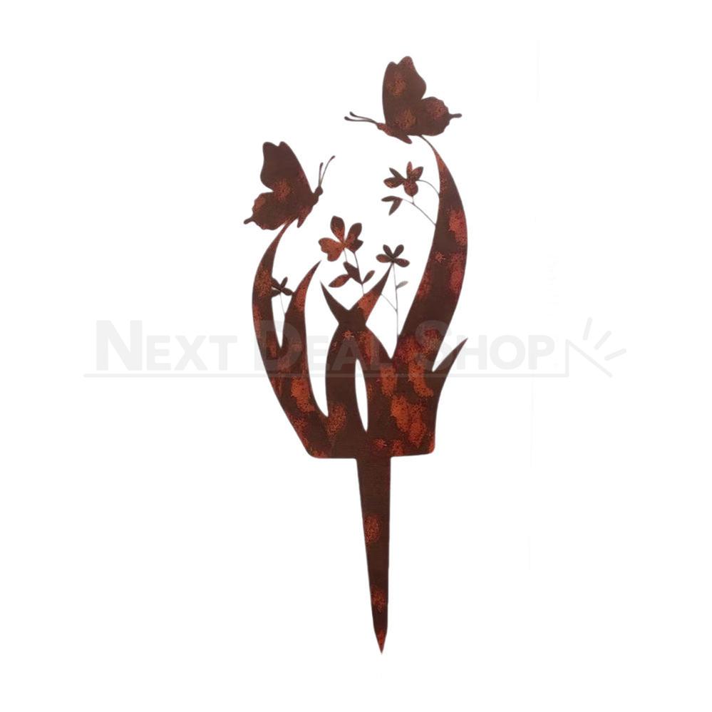 Rustic Metal Butterfly & Flower Garden Stake - Lawn Yard Potted Plant Pot Art Decoration