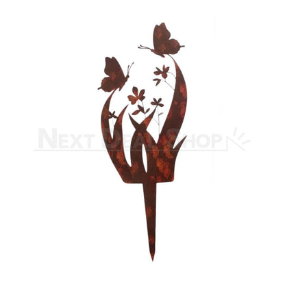 Rustic Metal Butterfly & Flower Garden Stake - Lawn Yard Potted Plant Pot Art Decoration