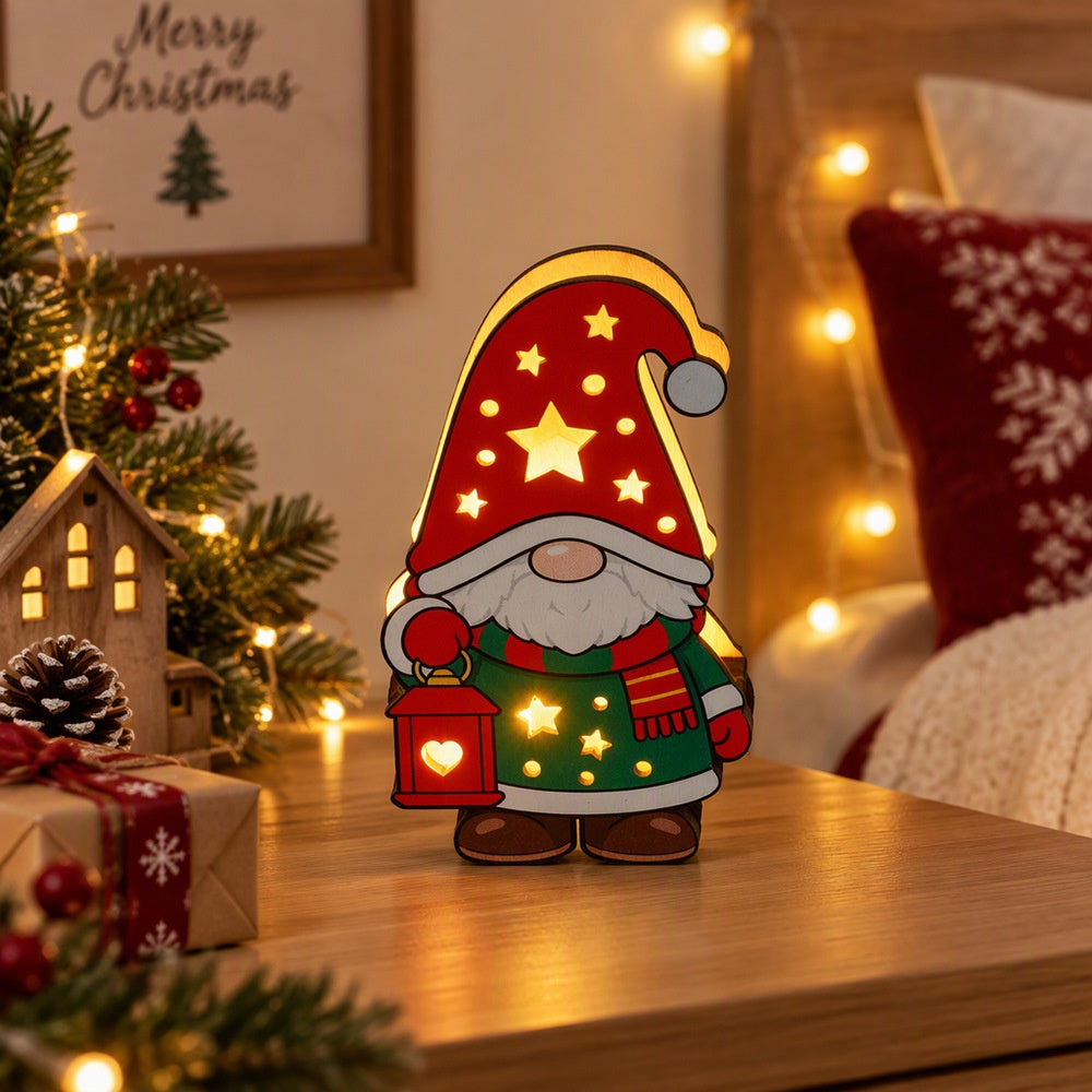 Adorable Christmas Wooden Gnome with LED Lights - Set of 3, Tabletop Holiday Home Mantel Shelf Decoration