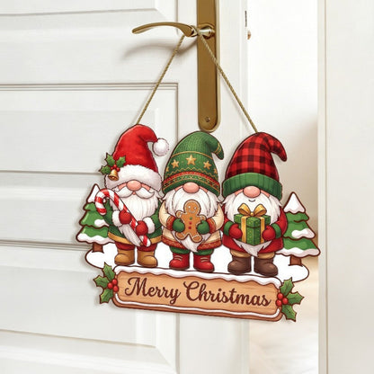 Wooden Christmas Gnome Door Hanging Sign - Front Door Home Wall Holiday Party Festive Decor