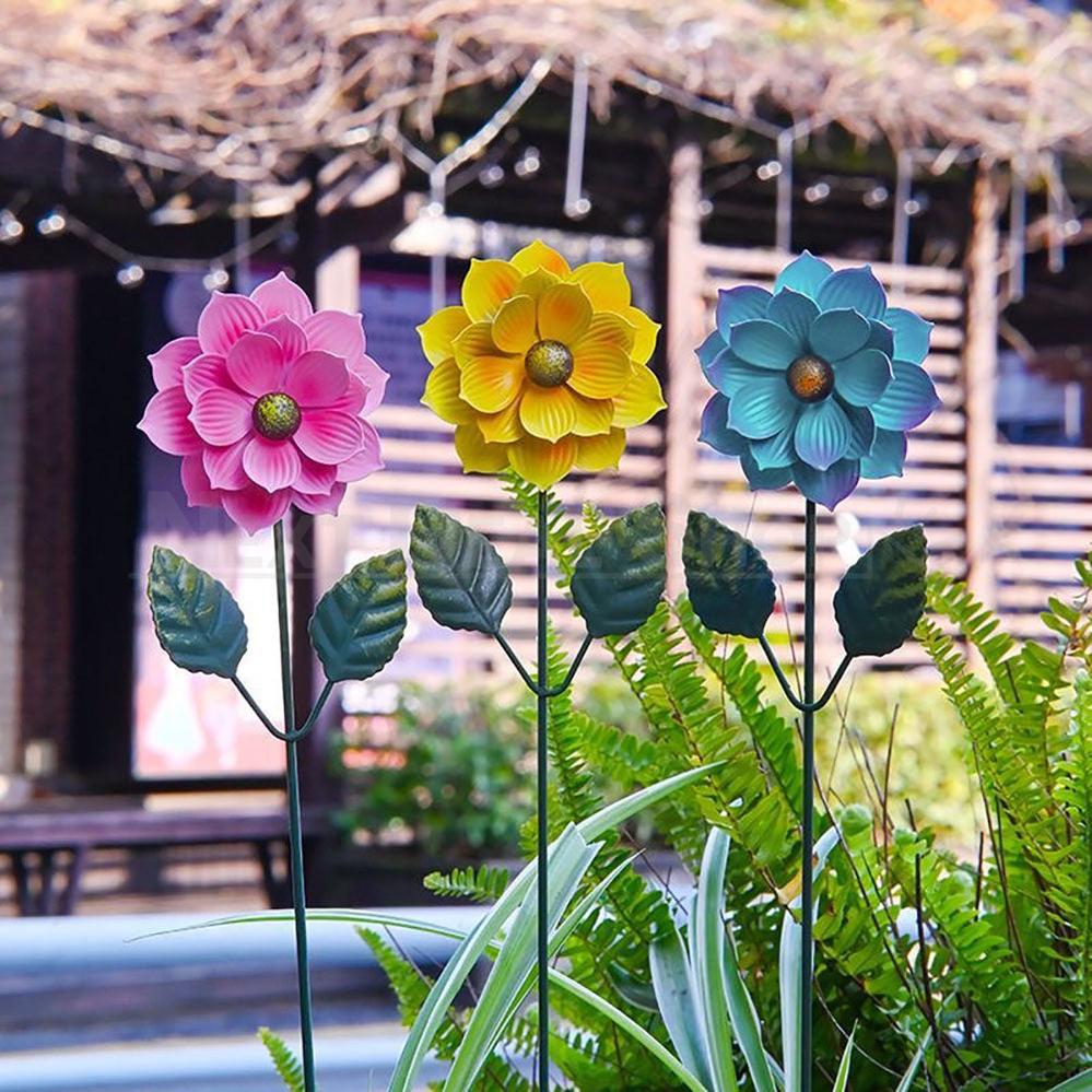 Set of 3 Hand Painted Metal Flower Garden Stakes - Yard Lawn Flower Bed Plant Art Decor