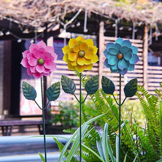 Set of 3 Hand Painted Metal Flower Garden Stakes