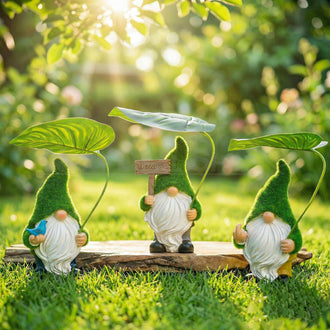 Flocked Moss Garden Gnome Figurine with Leaf Umbrella
