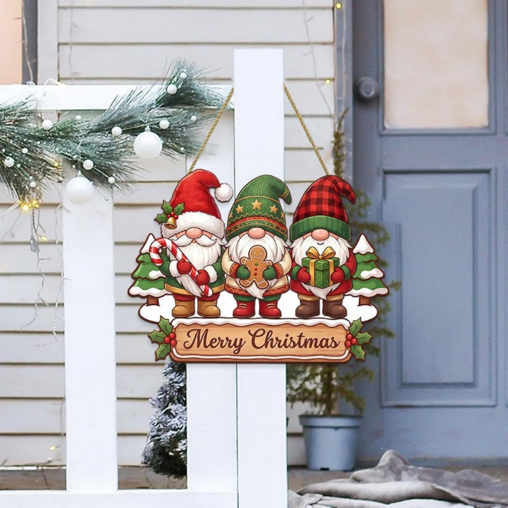 Wooden Christmas Gnome Door Hanging Sign - Front Door Home Wall Holiday Party Festive Decor