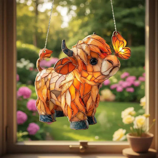 Adorable Highland Cow with Butterfly Hanging Decor - 6 Inches, Home Indoor Outdoor Garden Window Decor Ornament