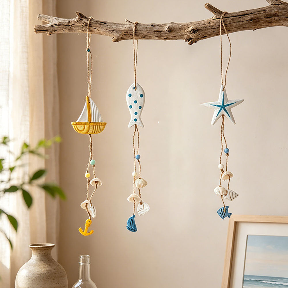 Set of 4 Hand Painted Coastal Nautical Wooden Hanging Wall Decor - Home Window Bedroom Indoor Hanging Decoration
