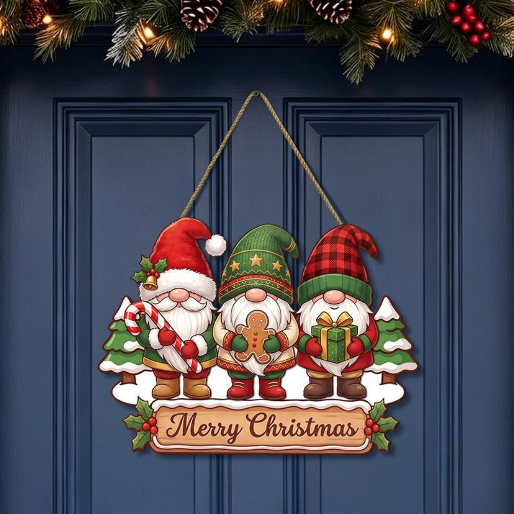 Wooden Christmas Gnome Door Hanging Sign - Front Door Home Wall Holiday Party Festive Decor