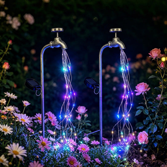 Solar Powered Faucet Waterfall LED Stake Light - Waterproof Outdoor Garden Yard Patio Lawn Decor
