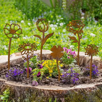 6 Pcs Rustic Metal Flower Garden Stake Set
