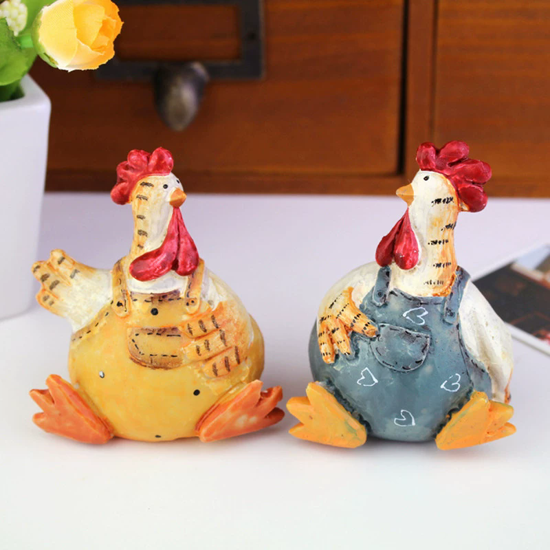 Set of 2 Hand Painted Chicken Figurines - Easter Garden Lawn Patio Home Tabletop Decor