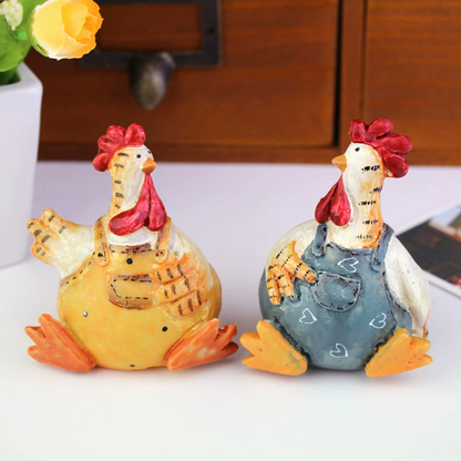 Set of 2 Hand Painted Chicken Figurines - Easter Garden Lawn Patio Home Tabletop Decor