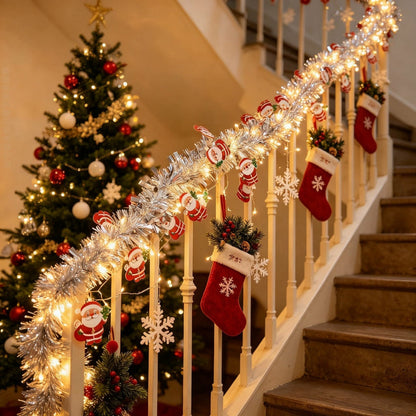 Battery Powered Silver Santa Christmas Tinsel Garland Lights - 9.84 ft, Mantel & Tree Holiday Decor