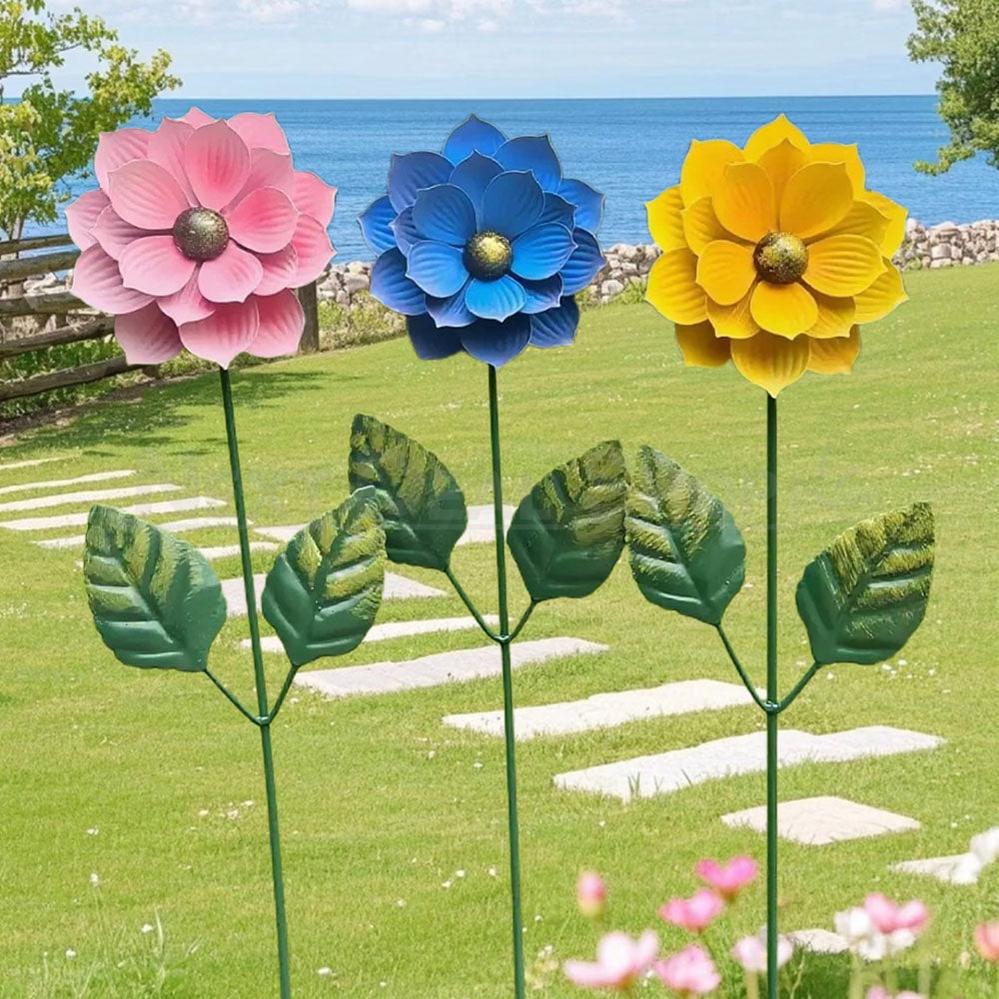 Set of 3 Hand Painted Metal Flower Garden Stakes - Yard Lawn Flower Bed Plant Art Decor
