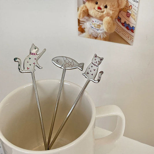 Set of 3 Adorable Cat & Fish Stainless Steel Stirring Spoons - Kitchen Dining Table Coffee Tea Mixing Utensils