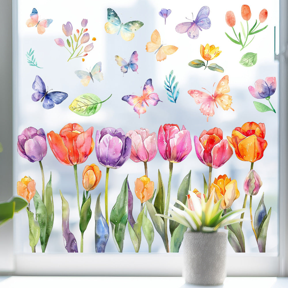 Colorful Tulip & Butterfly Window Clings
