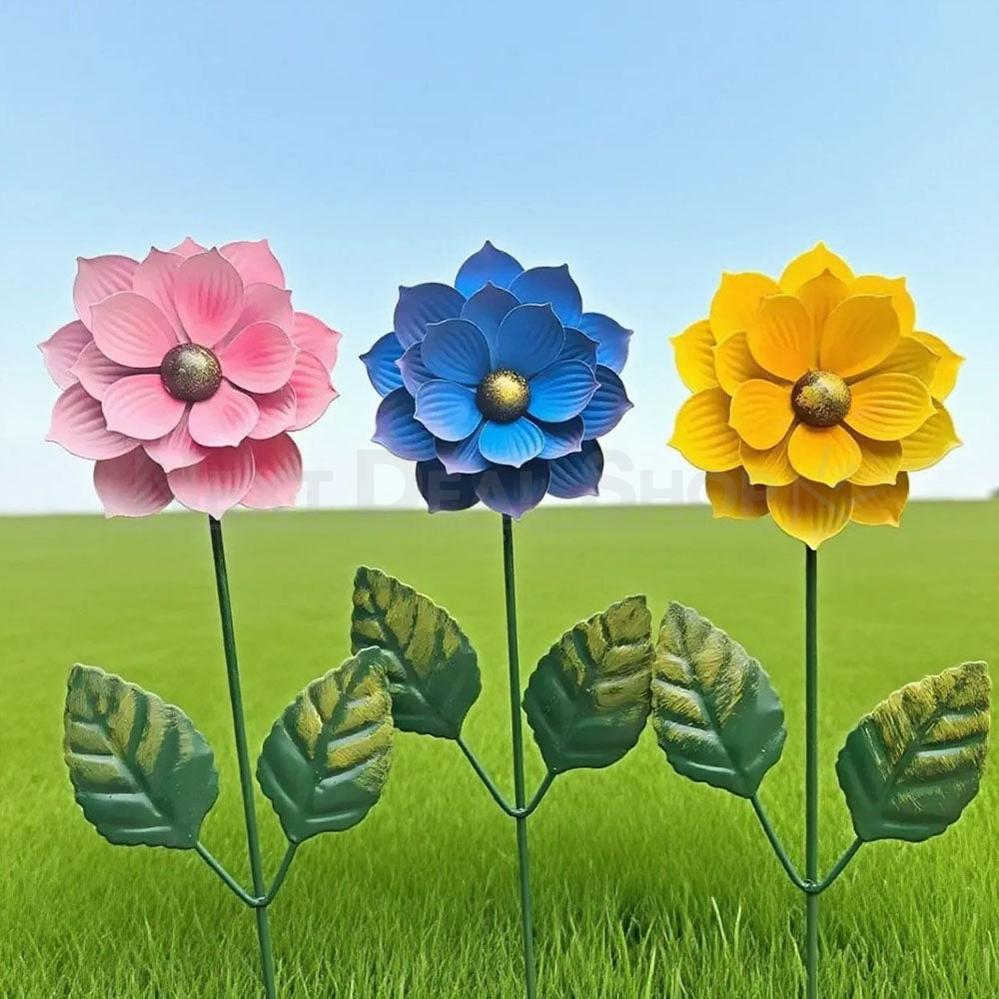 Set of 3 Hand Painted Metal Flower Garden Stakes - Yard Lawn Flower Bed Plant Art Decor