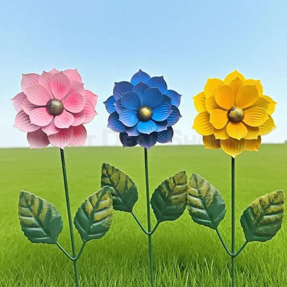 Set of 3 Hand Painted Metal Flower Garden Stakes - Yard Lawn Flower Bed Plant Art Decor