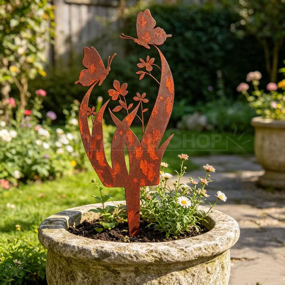 Rustic Metal Butterfly & Flower Garden Stake - Lawn Yard Potted Plant Pot Art Decoration