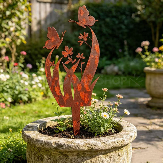 Rustic Metal Butterfly & Flower Garden Stake - Lawn Yard Potted Plant Pot Art Decoration