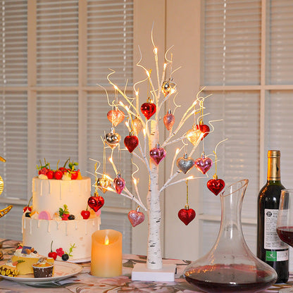Lighted Birch Tree with Heart-Shaped Ornaments - Home Wedding Valentine Tabletop  Decor