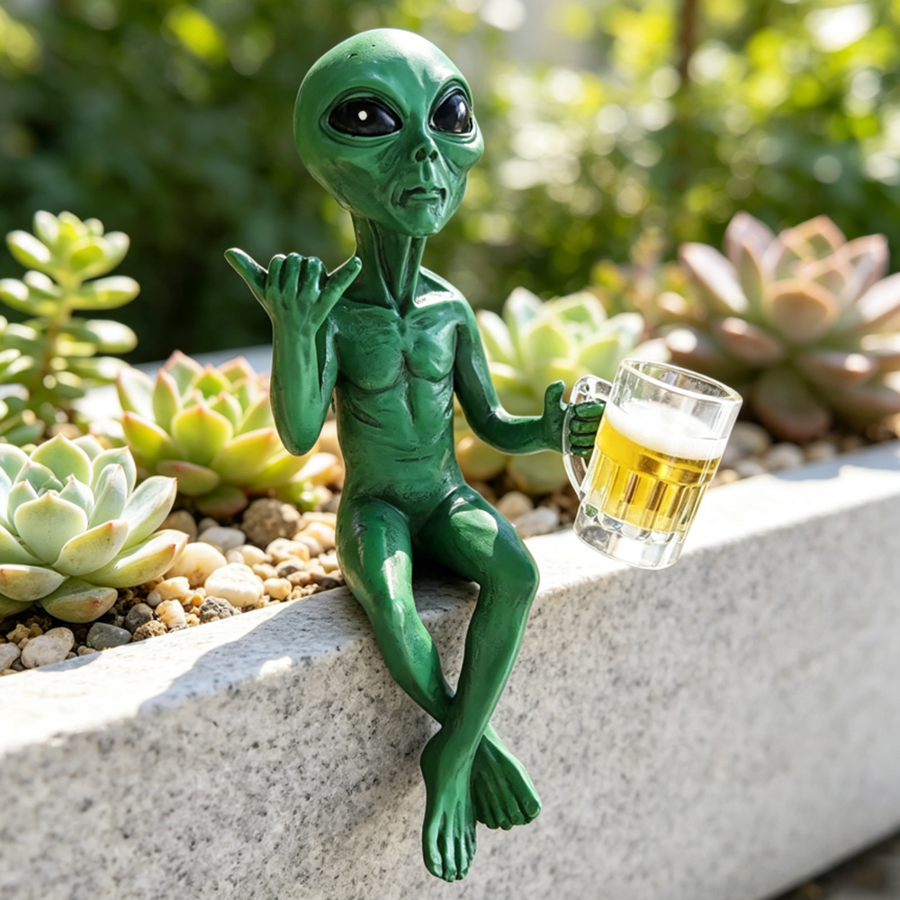 Playful Novelty Resin Relaxing Alien with Beer Figurine - Desk & Shelf Decor