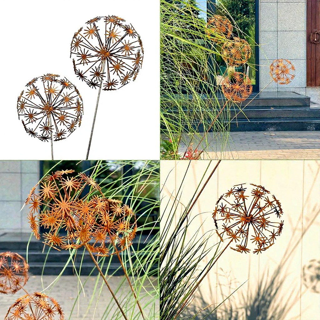 Rustic Metal Dandelion Garden Stake  -  Yard & Lawn Outdoor Yard Art