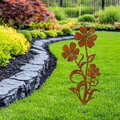 Rustic Metal Flower Garden Stake - Flower Bed & Lawn Yard Art