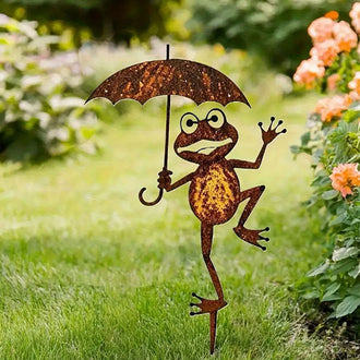 Rustic Metal Frog With Umbrella Garden Stake  -  13-Inch, Flower Bed & Lawn Yard Art