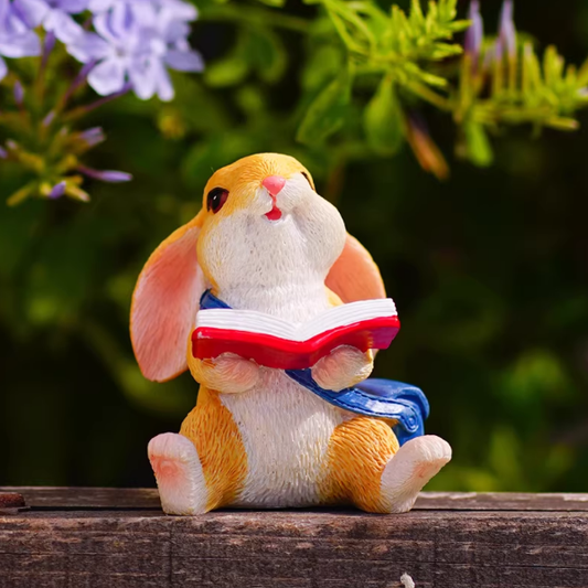 Adorable Reading Bunny Figurine - Home Garden Potted Plant Decor