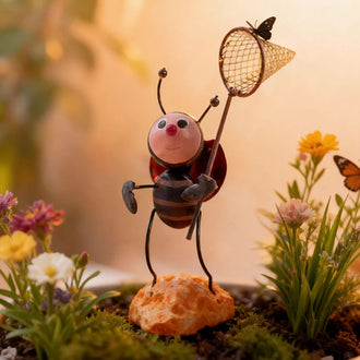 Adorable Metal Garden Bug with Butterfly Net
