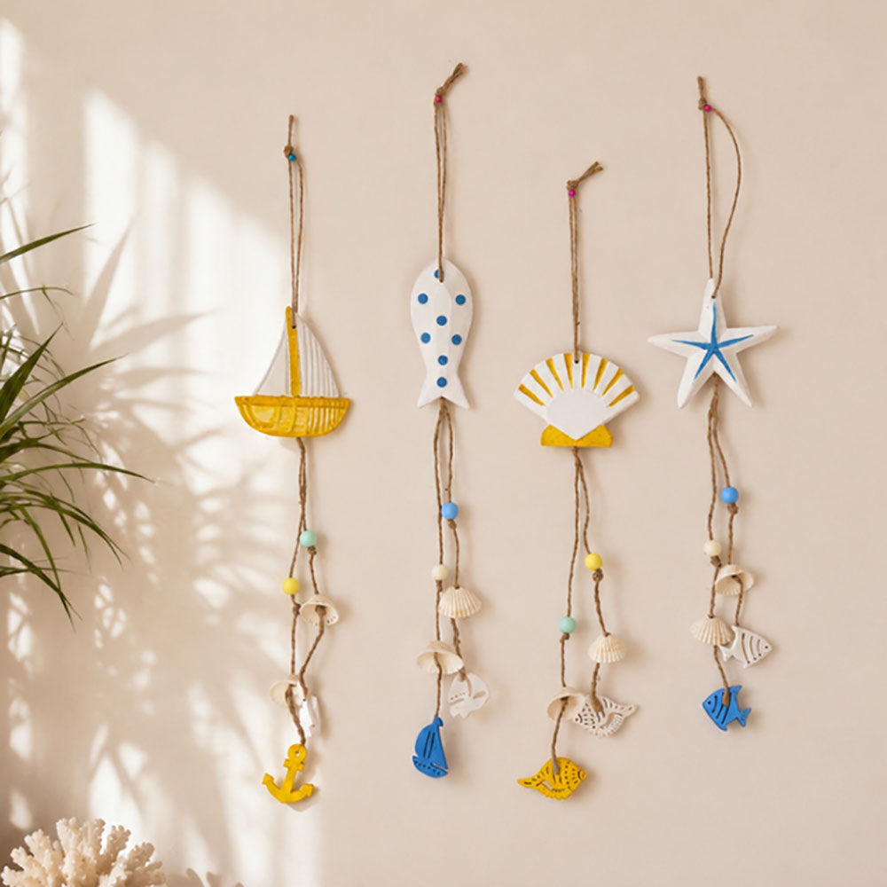 Set of 4 Hand Painted Coastal Nautical Wooden Hanging Wall Decor - Home Window Bedroom Indoor Hanging Decoration