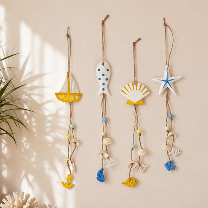 Set of 4 Hand Painted Coastal Nautical Wooden Hanging Wall Decor - Home Window Bedroom Indoor Hanging Decoration