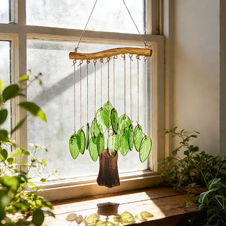 Handmade Stained Glass Green Leaf Wind Chime Window Hanging Suncatcher