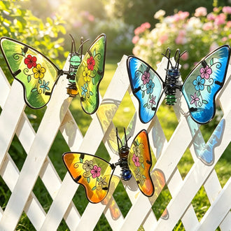 Set of 3 Stained Glass Metal Butterfly Pot Hugger Garden Decor