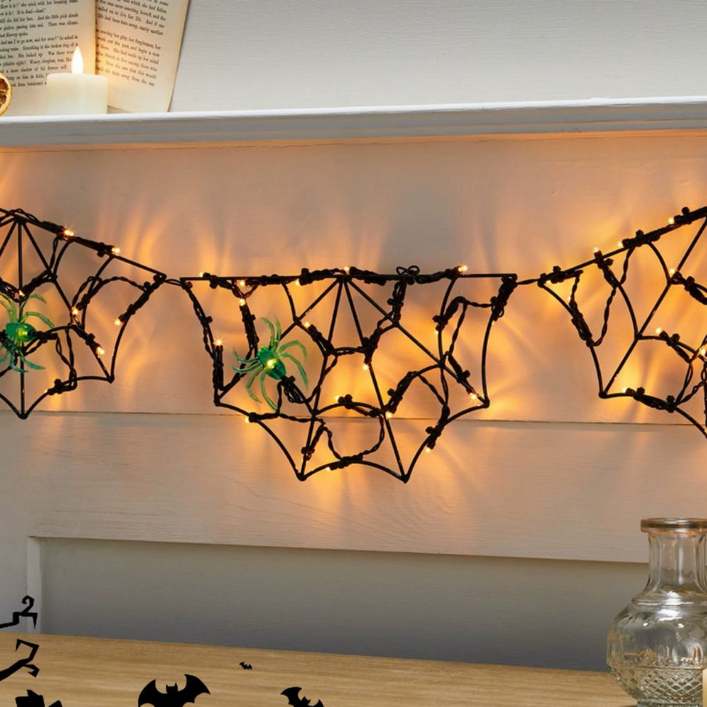 Spooky Spider Web LED String Lights - Halloween Mantel Wall Window Holiday Party Decor Lighting