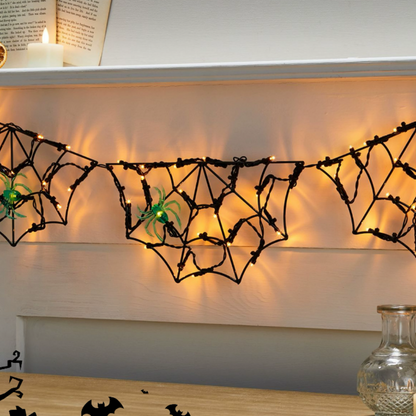 Spooky Spider Web LED String Lights - Halloween Mantel Wall Window Holiday Party Decor Lighting