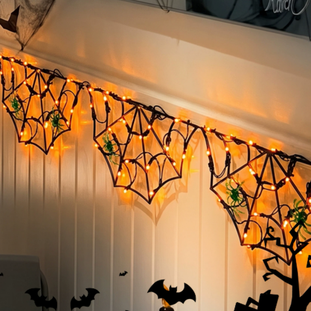 Spooky Spider Web LED String Lights - Halloween Mantel Wall Window Holiday Party Decor Lighting