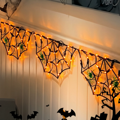 Spooky Spider Web LED String Lights - Halloween Mantel Wall Window Holiday Party Decor Lighting